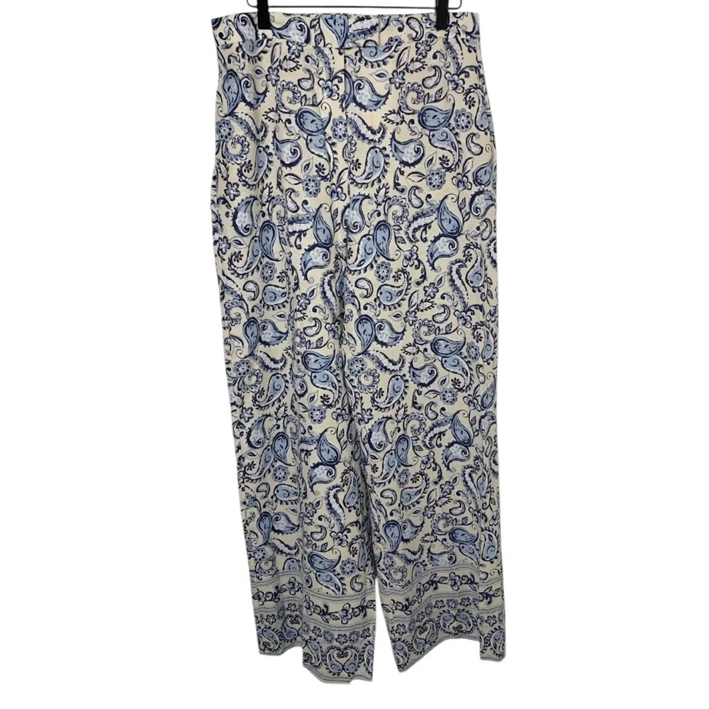 NWT Zara Blue & Cream Women’s XL Linen Blend Wide Leg Floral Paisley Pants